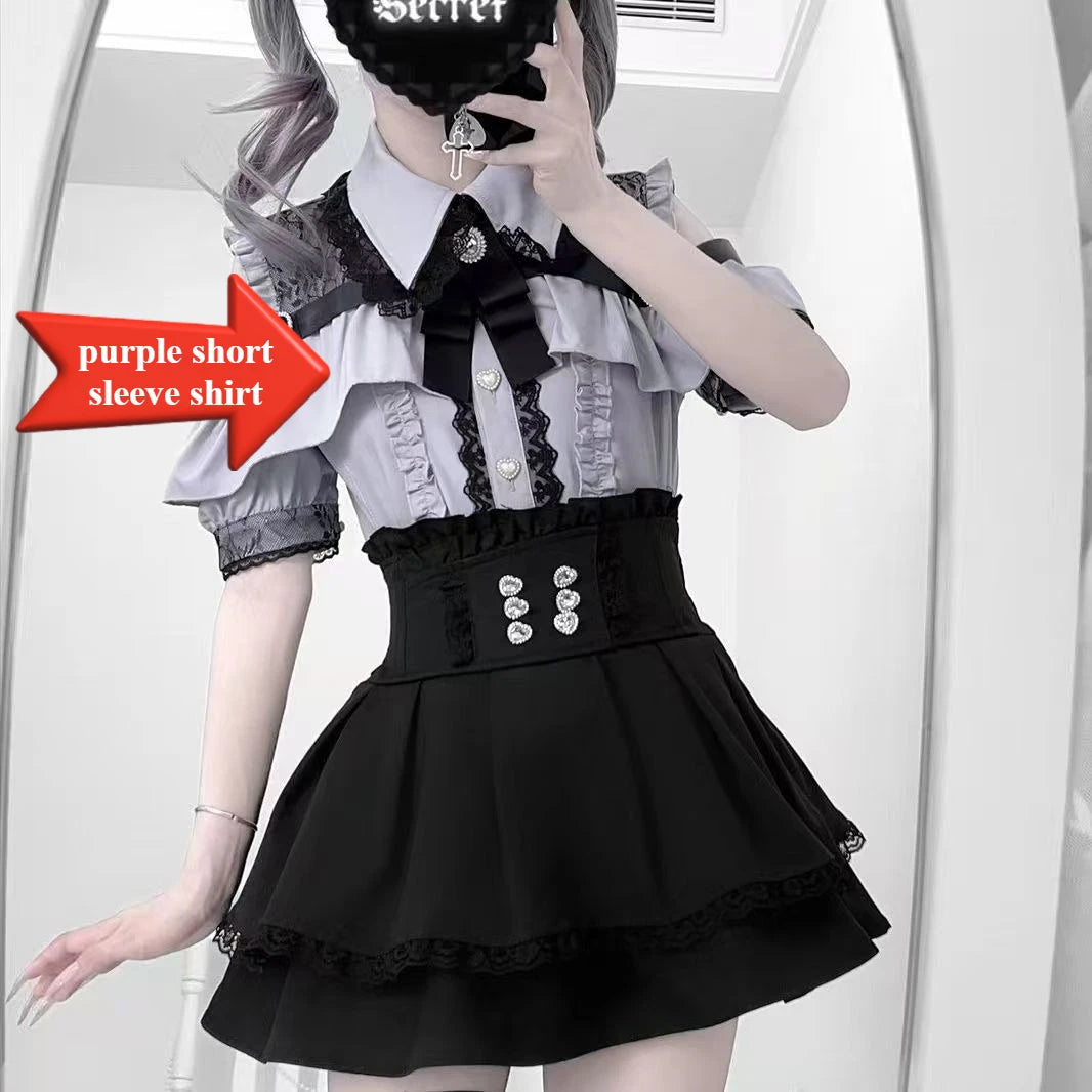 Dark Sweet Heart Ground Type Lolita Set, Ruffle Sleeve Top & A-line Skirt, Cute Kawaii Japanese Style Gothic Coord Outfit S-XL short sleeve shirt 2 Bazaare Mart