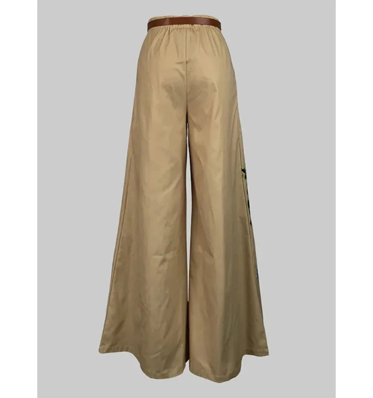 Women's Floral Embroidered Wide Leg High Waist Belted Khaki Slacks