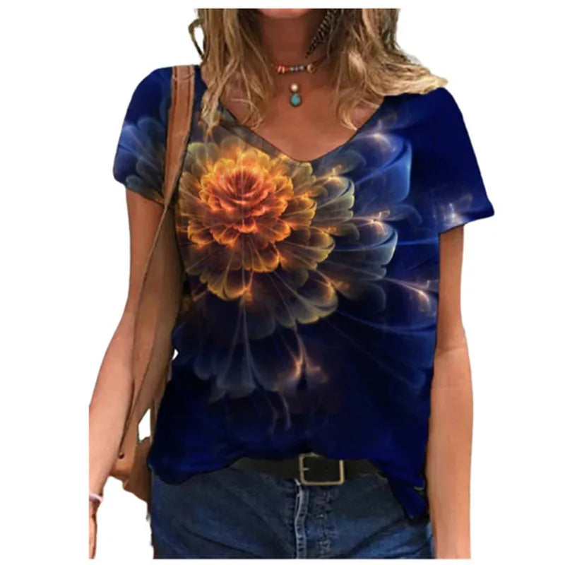 Women's Floral 3D Print V-Neck T-Shirt