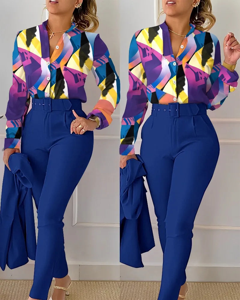 Print Long Sleeve Shirt Matching Pants Sets With Belt