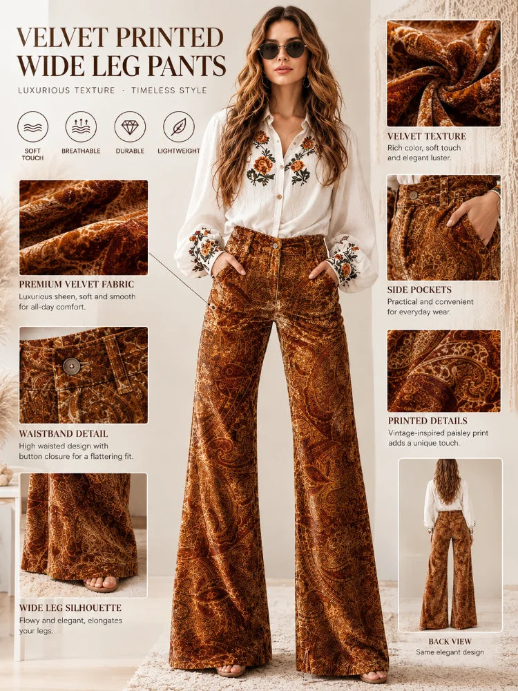 Vintage Velvet Paisley High-Waist Bell Bottom Slacks