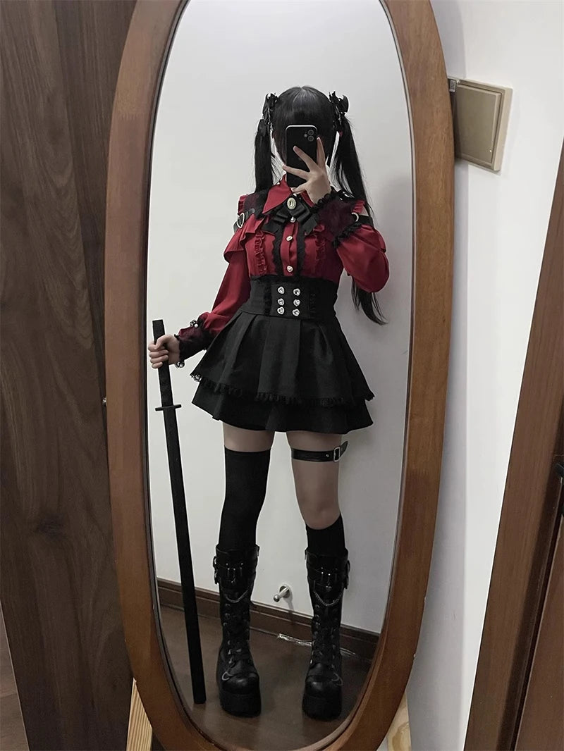 Jirai kei Shirt JK Skirt Japanese Style Lolita Y2K Sweet School Uniform Blouse Top Dress Darkness Outfit Women Girls Theme Party Bazaare Mart