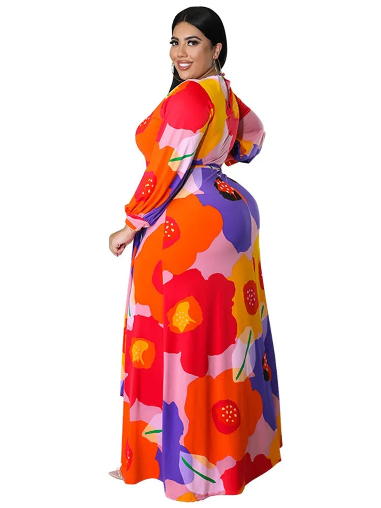 Colorful Long Sleeve Large Print Flower Maxi Dress Bazaare Mart Colorful Long Sleeve Large Print Flower Maxi Dress