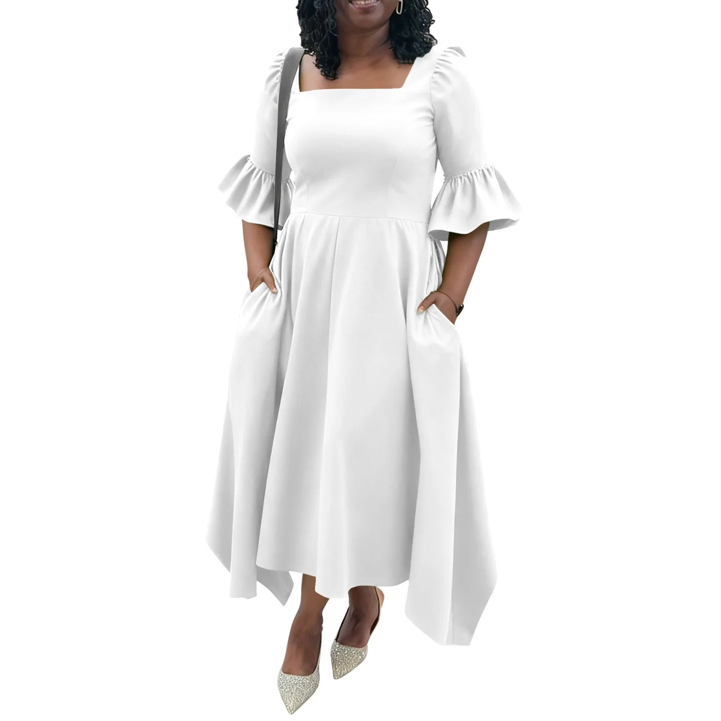 Ruffle Sleeve Square Neck Midi Dress White Bazaare Mart Plus Size Half Sleeve Midi Dress