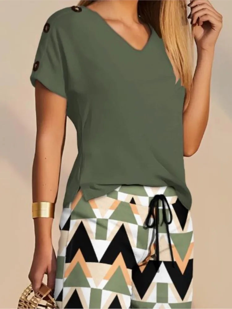 Women's V-Neck Top & Drawstring Shorts Set – Casual Summer Two-Piece Outfit, Sizes S-3X Green Geo Bazaare Mart Shorts Set