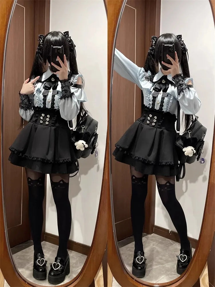 Dark Sweet Heart Ground Type Lolita Set, Ruffle Sleeve Top & A-line Skirt, Cute Kawaii Japanese Style Gothic Coord Outfit S-XL Bazaare Mart