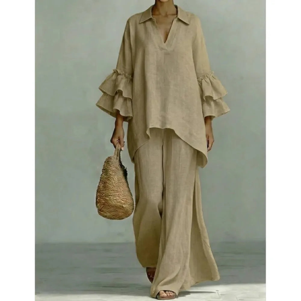 Women's 2-Piece Wide-Leg Pants Set with Ruffle Sleeves