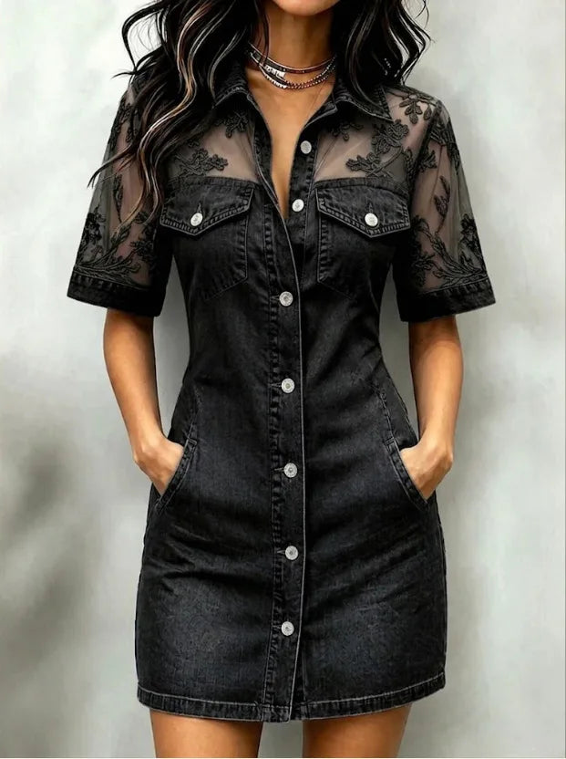 Patchwork Lace Denim Mini Dress