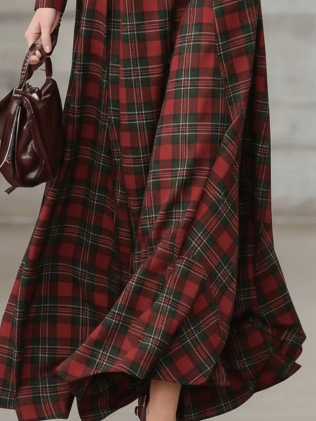 Plaid Print Collared Zip-Front Maxi Dress