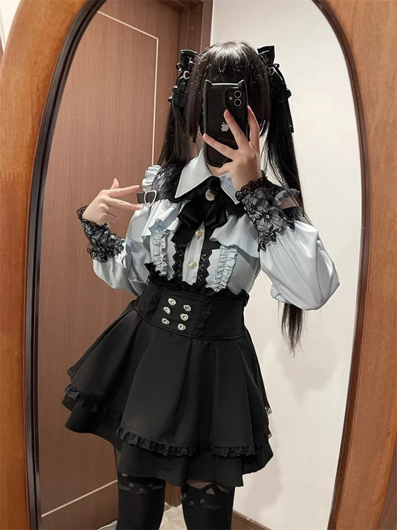 Jirai kei Shirt JK Skirt Japanese Style Lolita Y2K Sweet School Uniform Blouse Top Dress Darkness Outfit Women Girls Theme Party Bazaare Mart