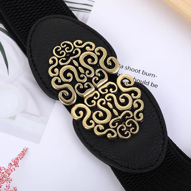 Wide Black Elastic Intricate Buckle Belt Bazaare Mart Wide Black Elastic Intricate Buckle Belt