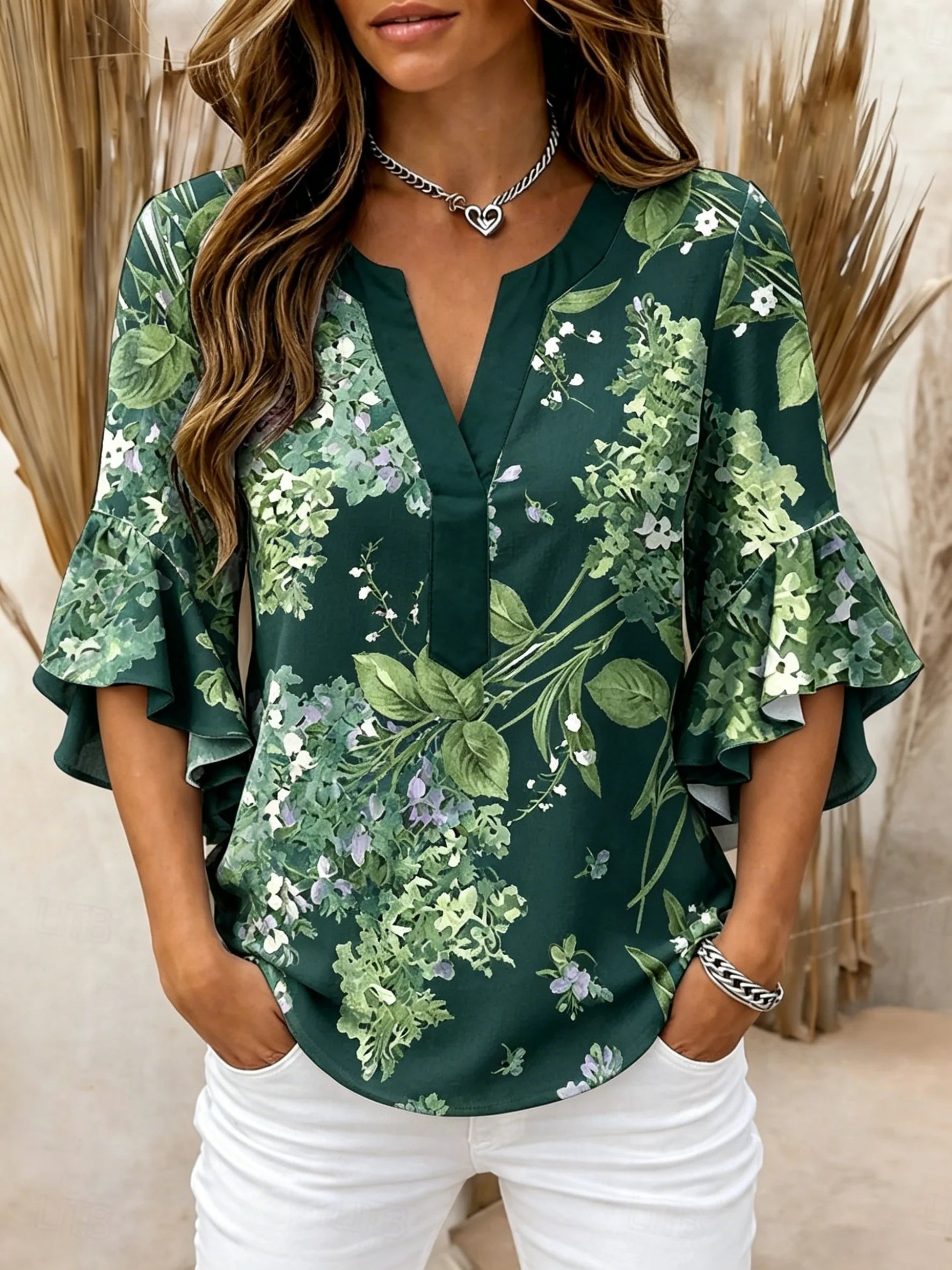 Women's Ruffle Sleeve Daisy Print V Neck Casual Blouse Elegant Daily Tops in Yellow for Spring Summer HCHLE20260719N Bazaare Mart