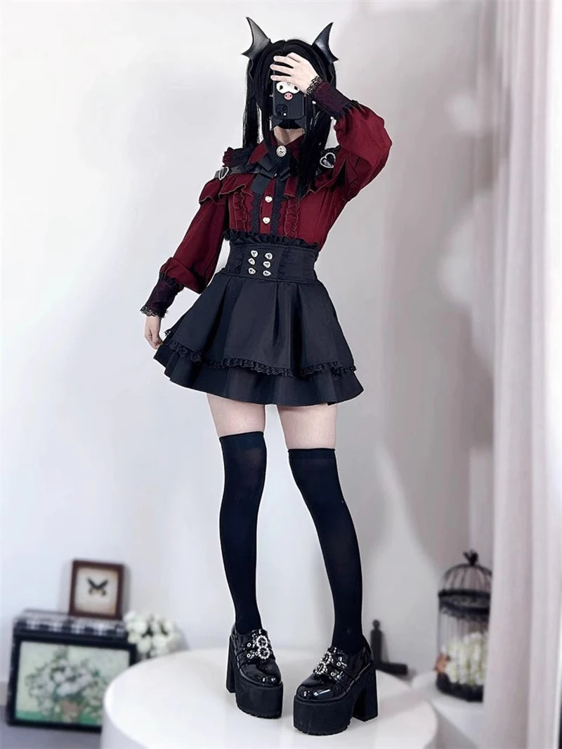 Jirai kei Shirt JK Skirt Japanese Style Lolita Y2K Sweet School Uniform Blouse Top Dress Darkness Outfit Women Girls Theme Party Bazaare Mart