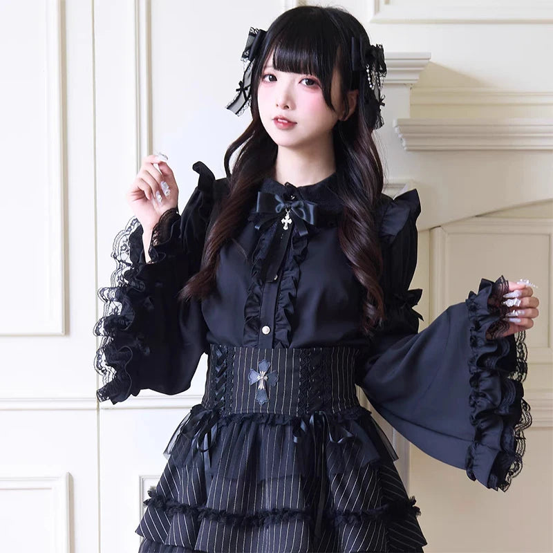 Women's Kawaii Lolita Blouse – Japanese-Inspired Peter Pan Collar Shirt with Lace & Bow Details Bazaare Mart Blouse