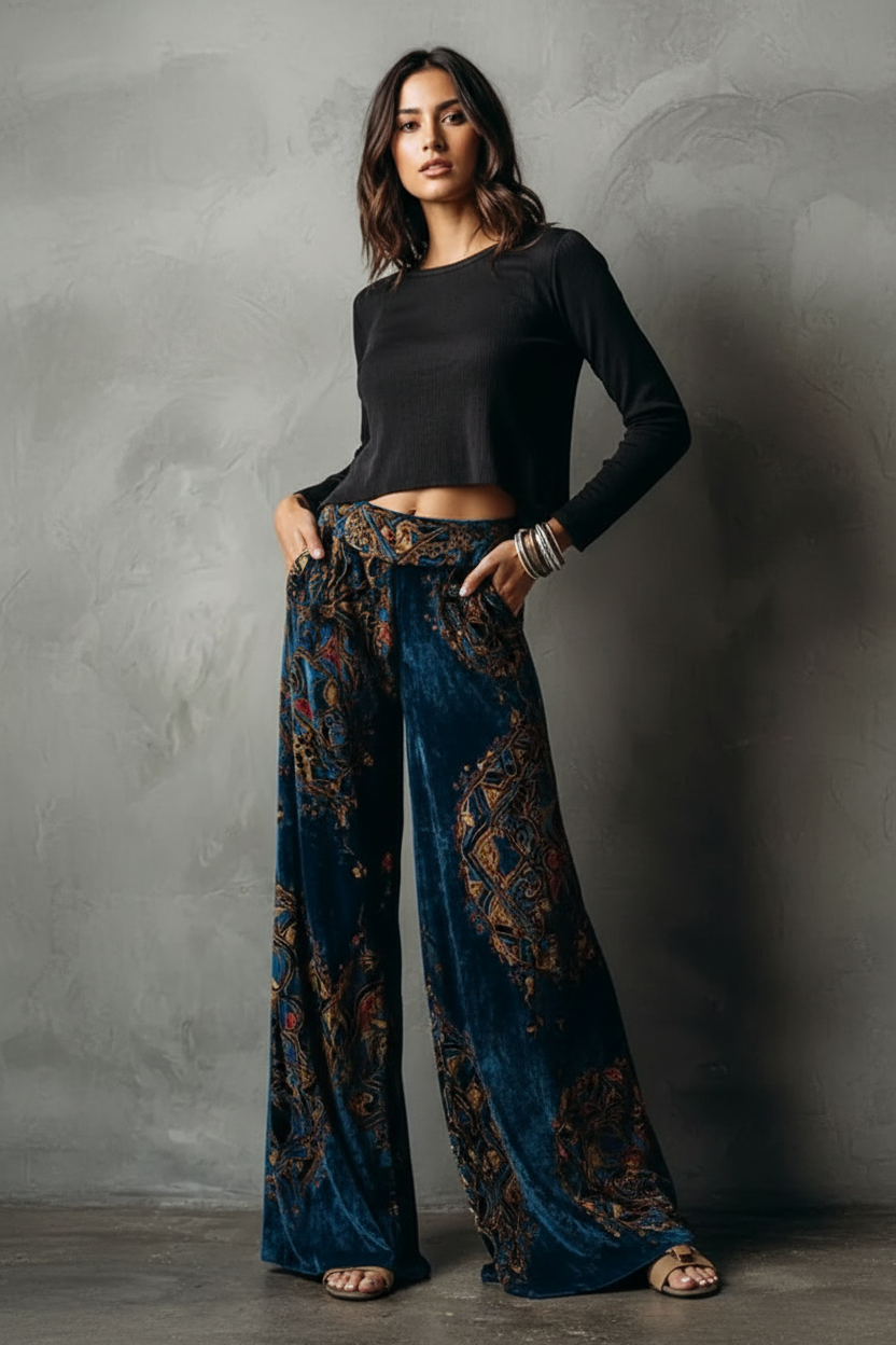 Women's Vintage Paisley Velvet Wide Leg Palazzo Pants with Pockets