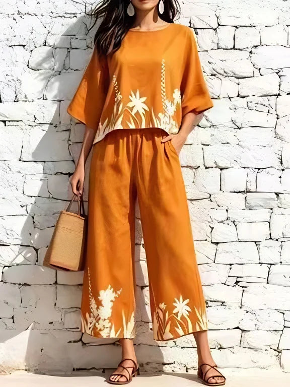 Floral Two-Piece Set with Wide-Leg Pants