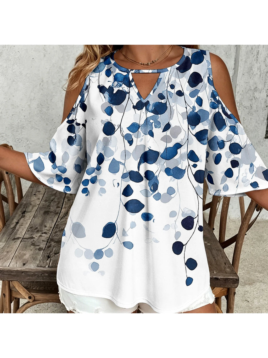 Women's plus size women's blue leaf print off shoulder V-neck hollowed out mid sleeve top, commuting and leisure vacation top Bazaare Mart