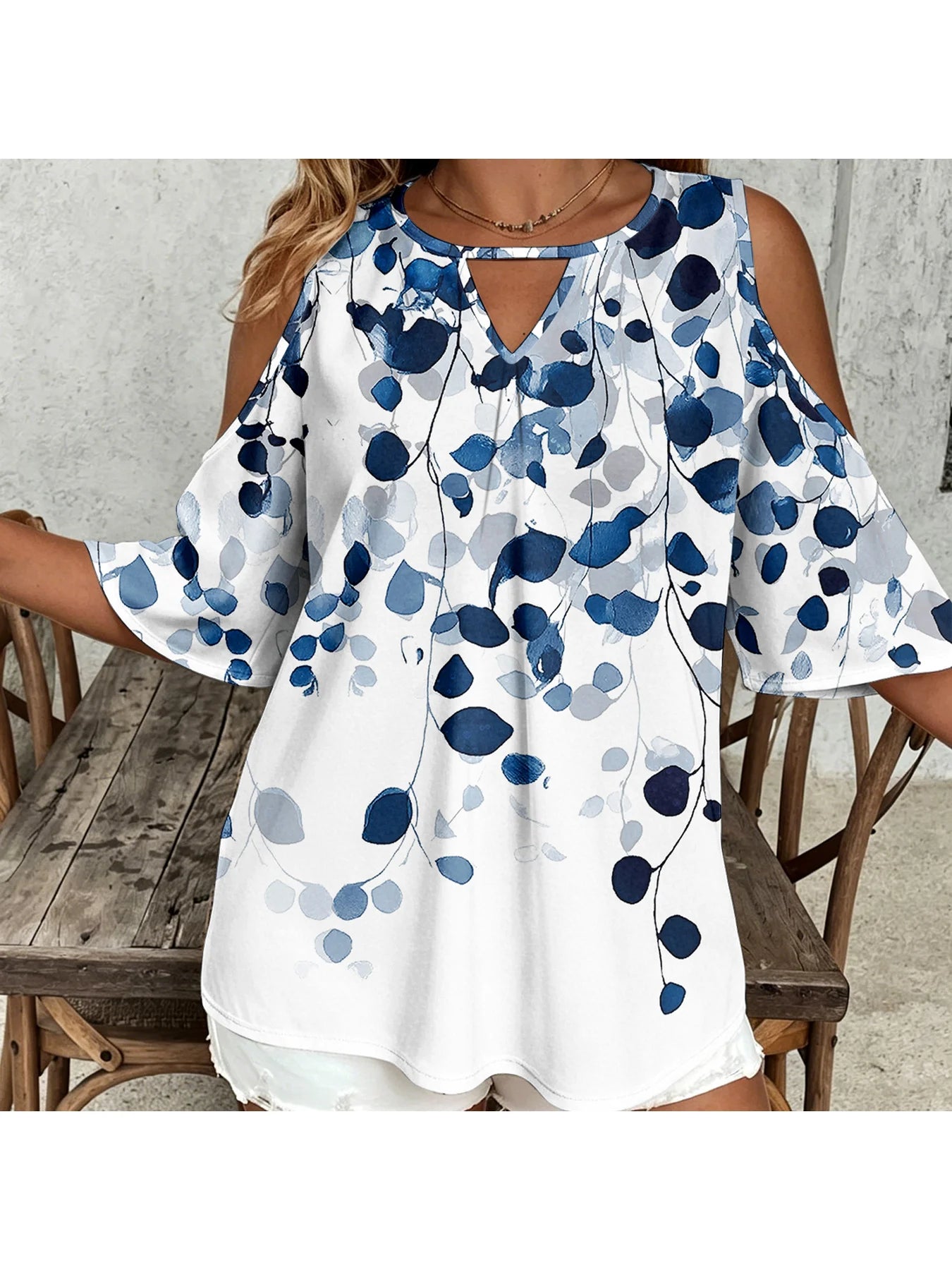 Women's plus size women's blue leaf print off shoulder V-neck hollowed out mid sleeve top, commuting and leisure vacation top Bazaare Mart