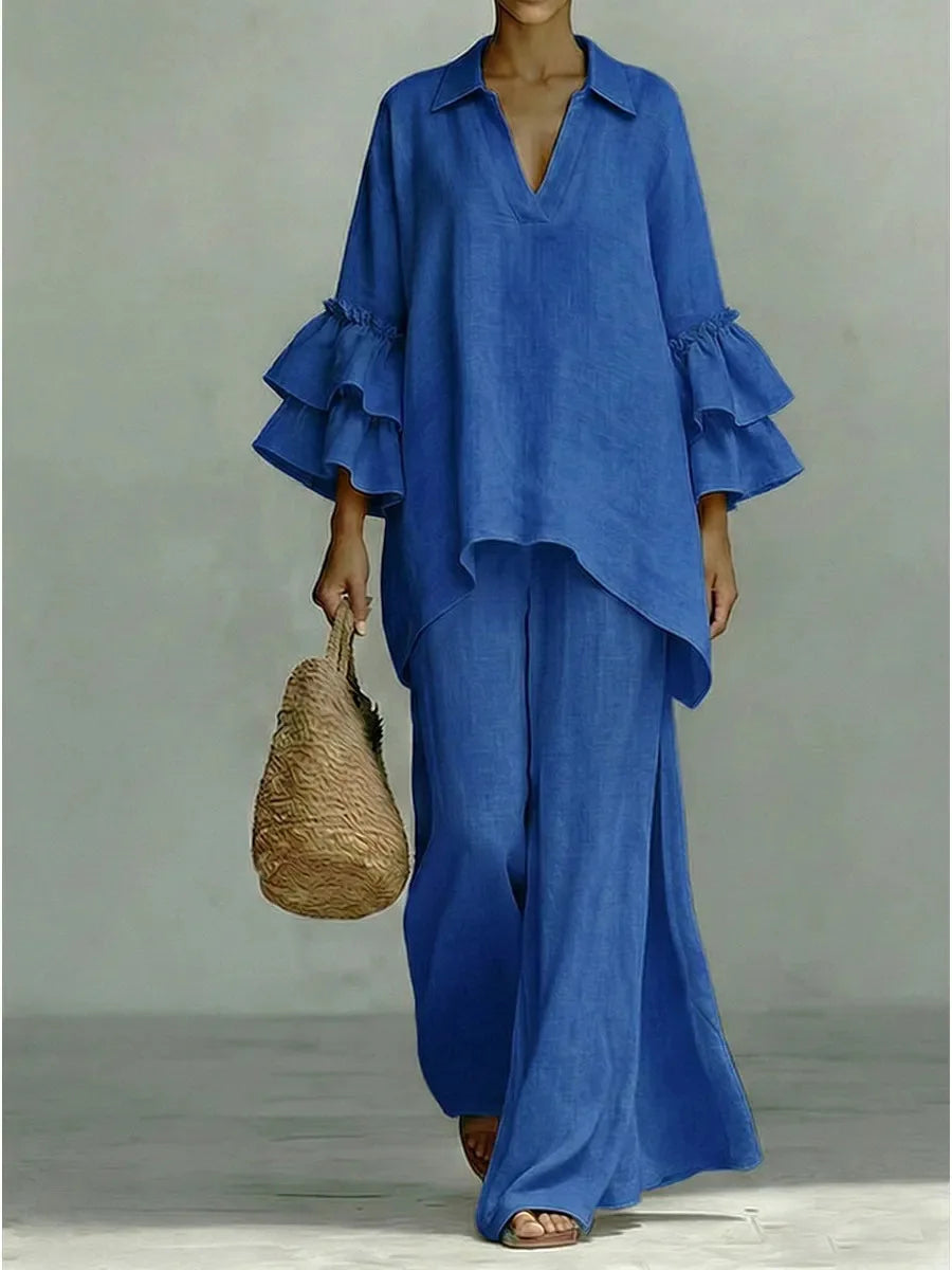 Women's 2-Piece Wide-Leg Pants Set with Ruffle Sleeves