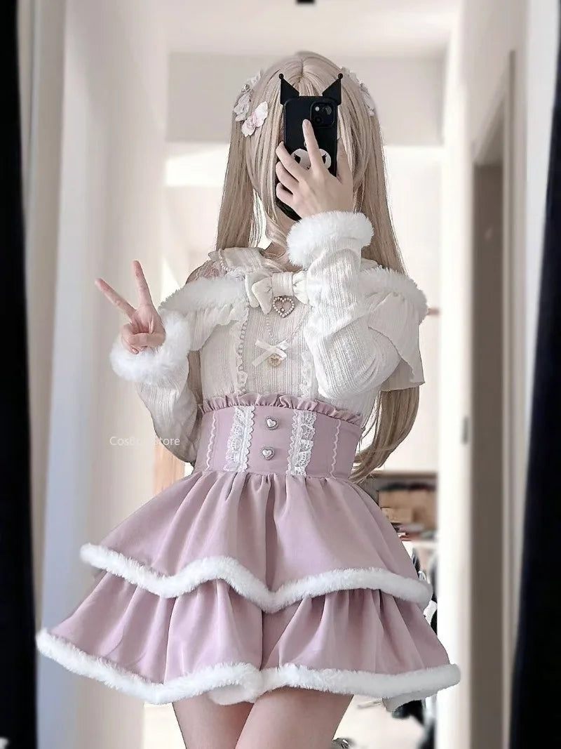 Jirai Kei Layered Skirt Outfit Lolita Y2K Pink Lace Pearl Long Sleeve Top Women Sweet Kawaii High Waist Japanese Style Xmas Set Bazaare Mart