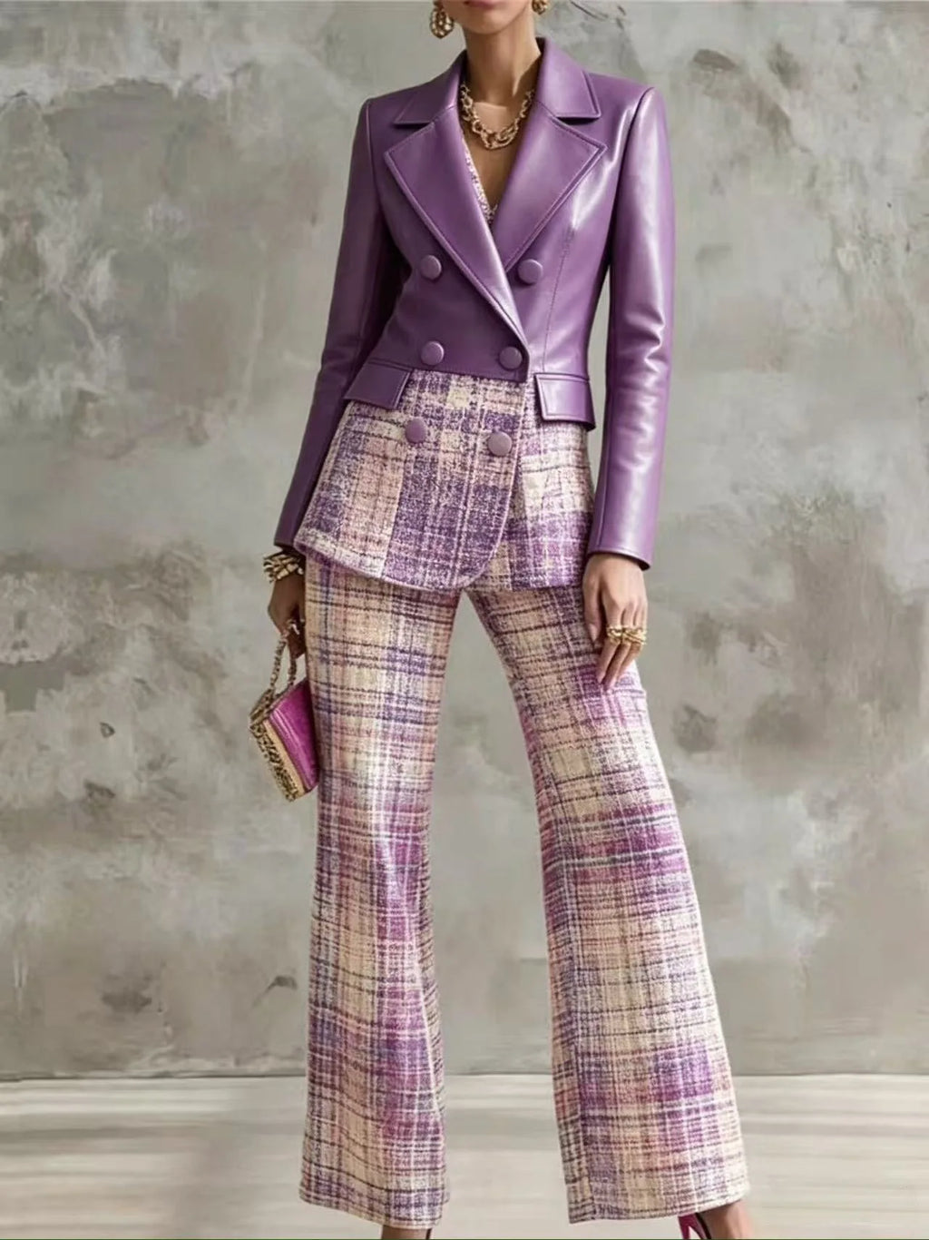 PU Leather Blazer & Plaid Flare Pants Set