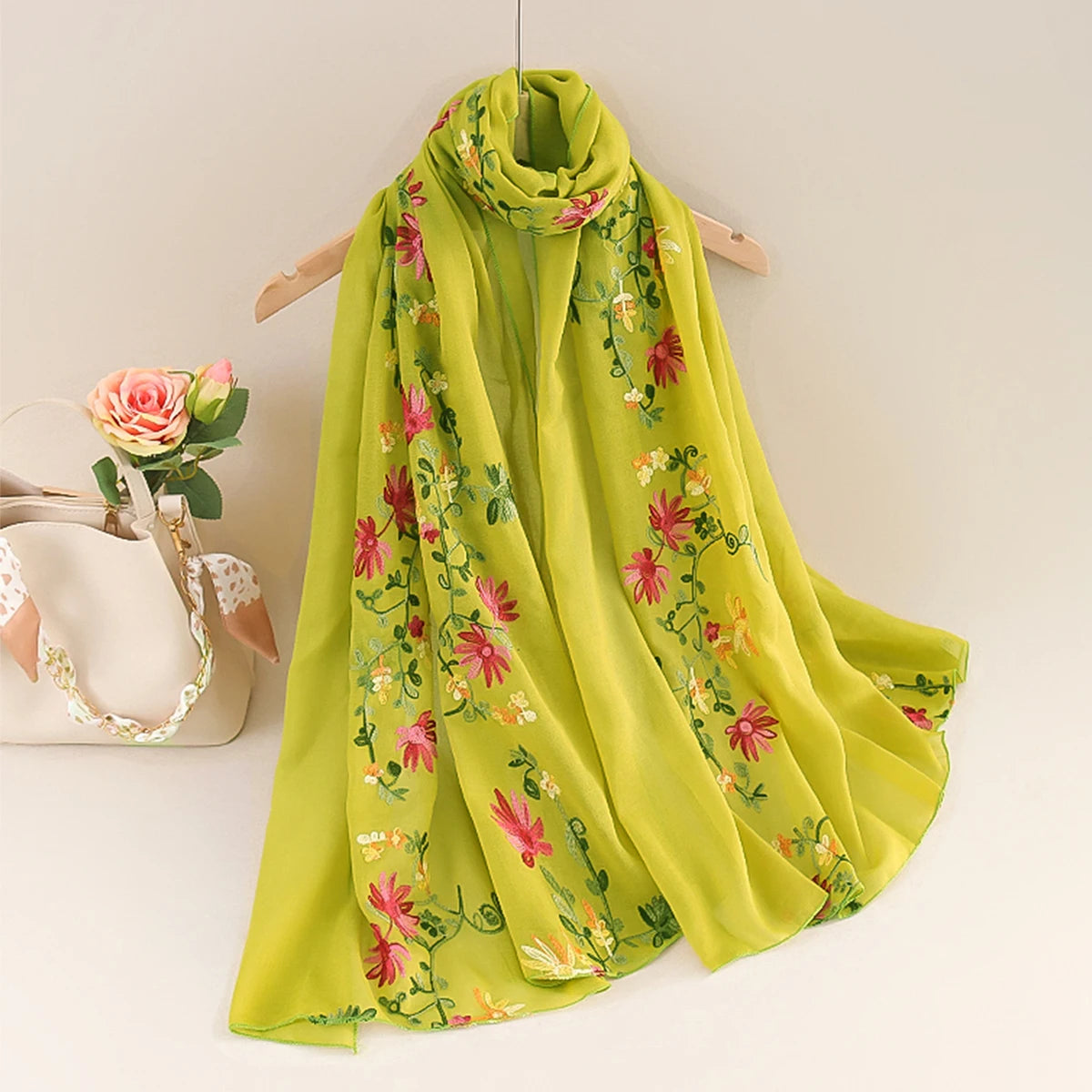 Women’s Cotton Linen Style Embroidered Scarf Shawl – Lightweight Floral Travel Wrap light green Bazaare Mart Silk Scarf