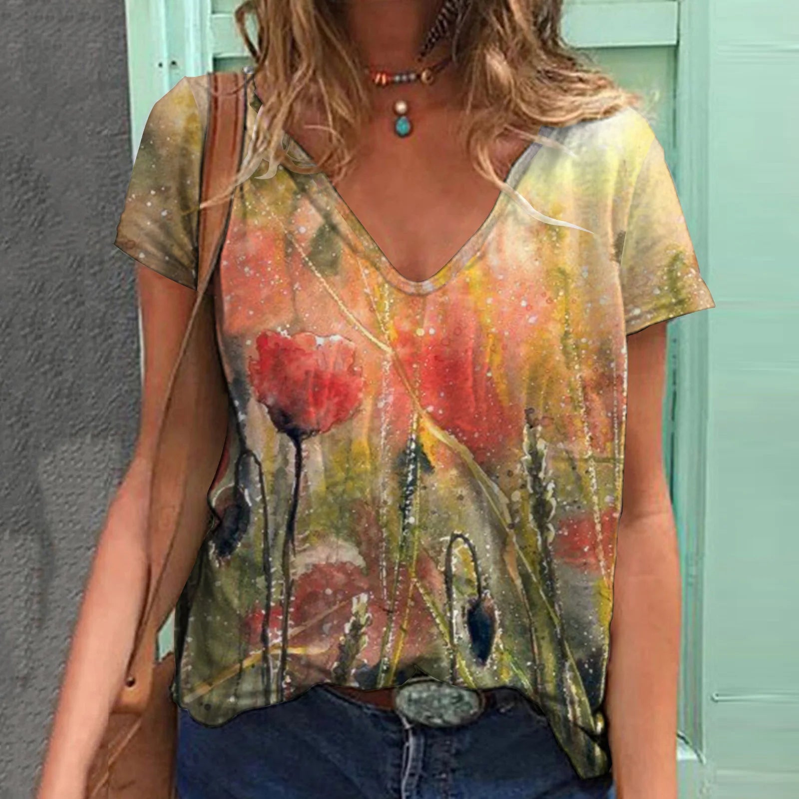 Floral Print V-Neck T-Shirts Bazaare Mart Floral V-Neck Tee