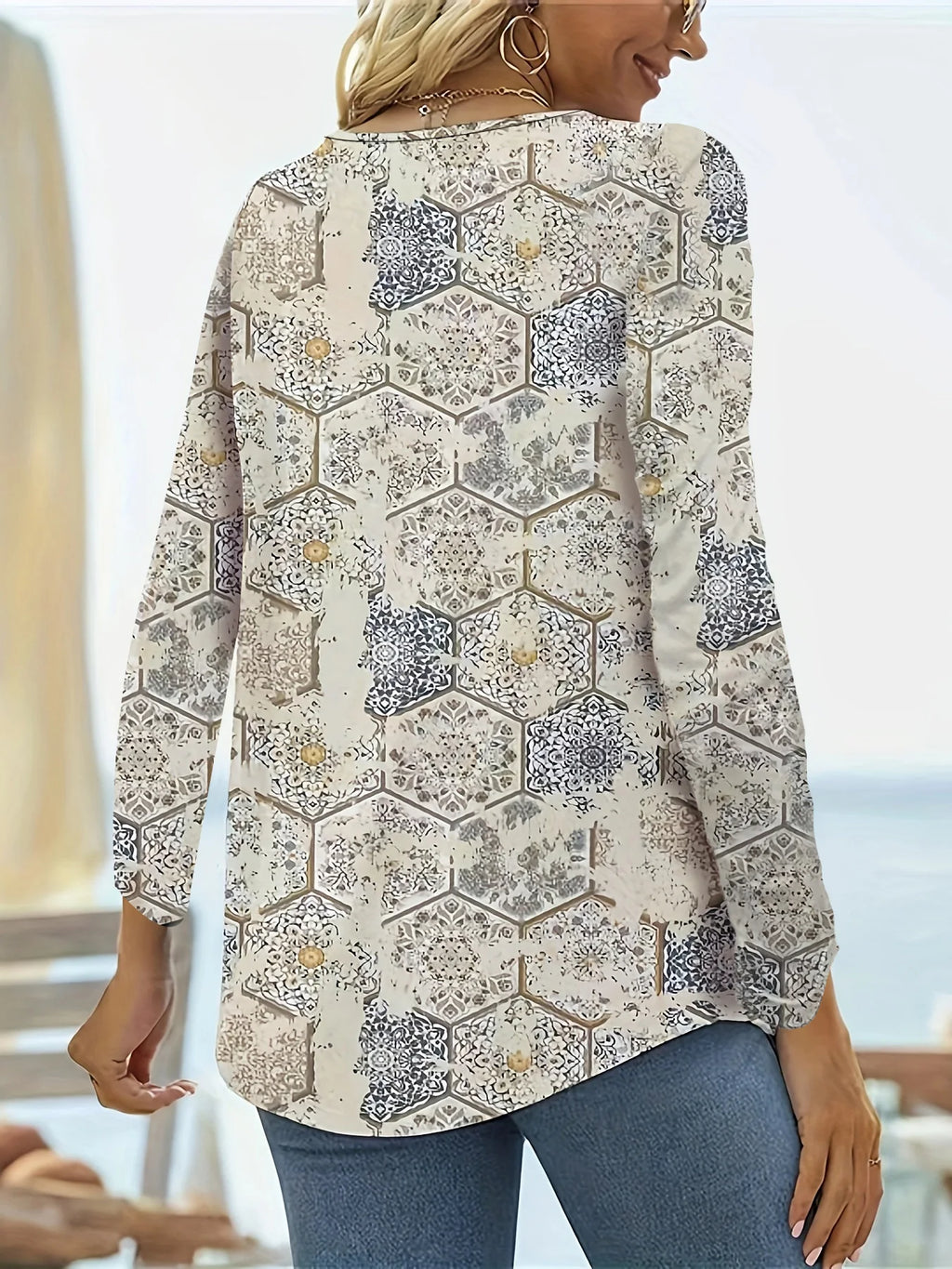 Women's Square Neck Printed Long Sleeve Blouses