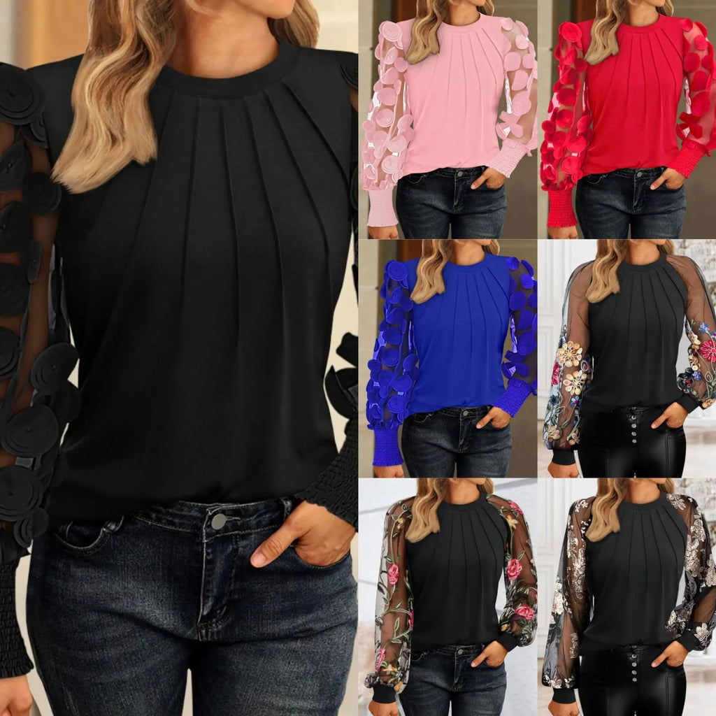 Women's Pleated Blouse with 3D Floral Mesh Sleeve