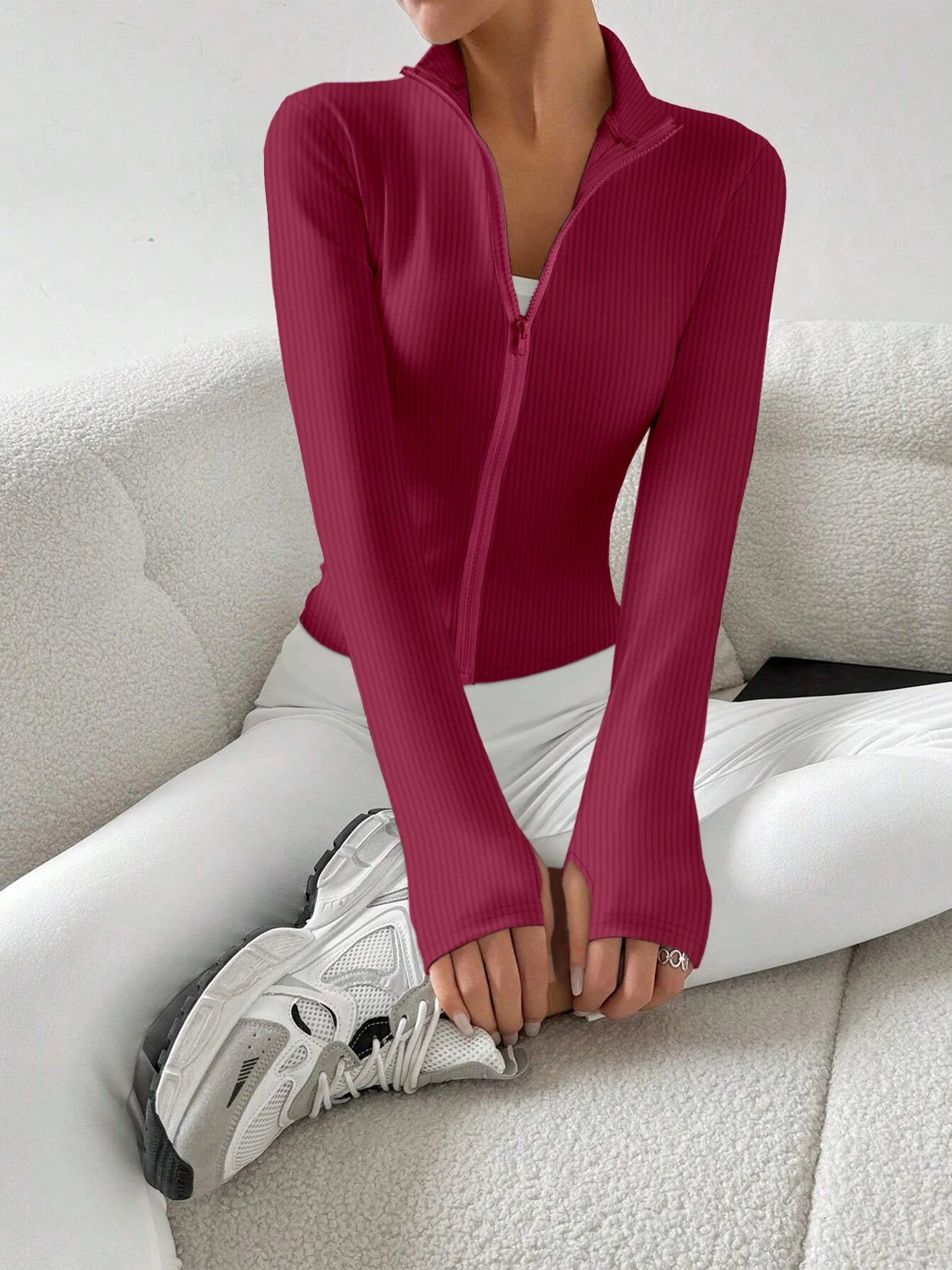 Ribbed Knit Zip-Up Crop Active Fit Jacket with Stand Collar