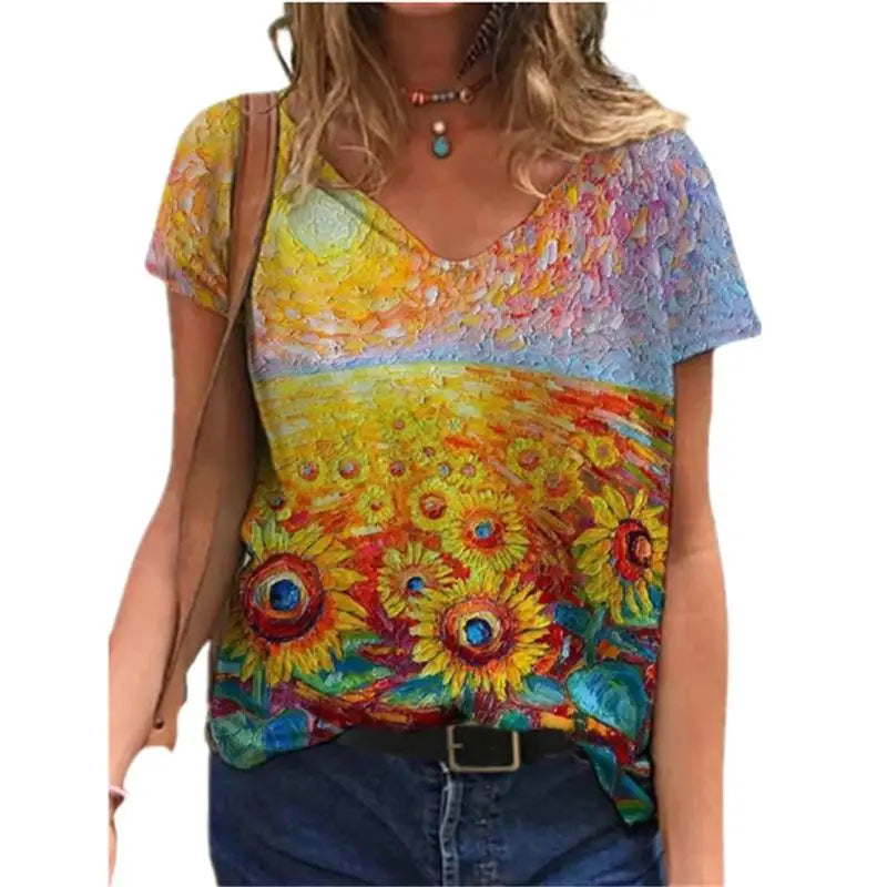 Women's Floral 3D Print V-Neck T-Shirt