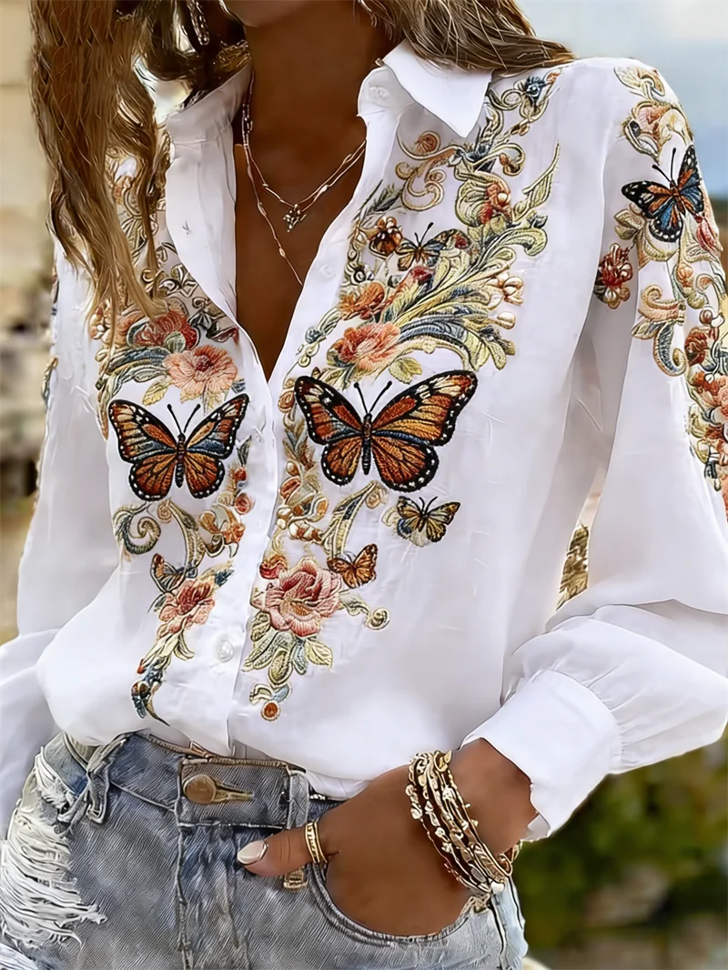 Women's Butterfly Floral Western Blouse | Long Sleeve Button-Up Shirt