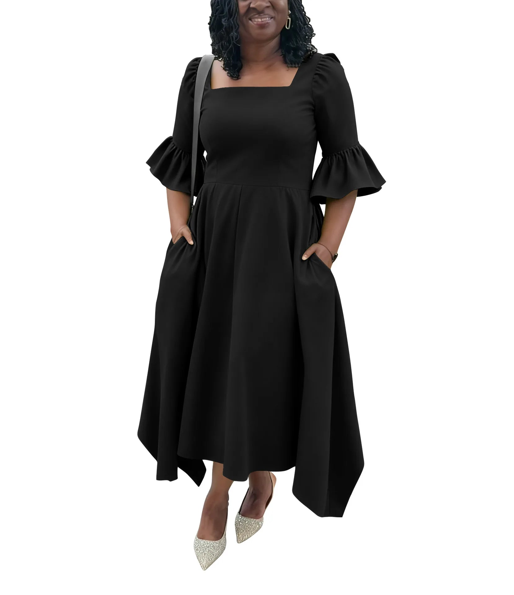 Ruffle Sleeve Square Neck Midi Dress Bazaare Mart Plus Size Half Sleeve Midi Dress