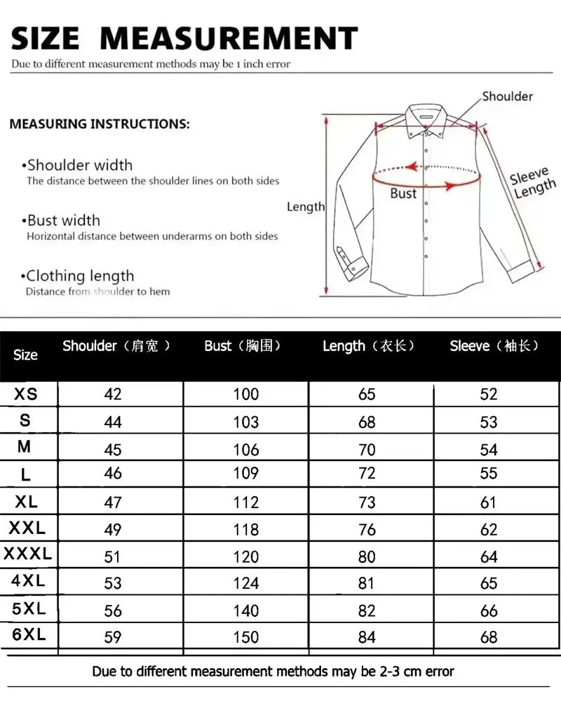 Measurement chart for shirts with shoulder, bust, length, and sleeve dimensions.