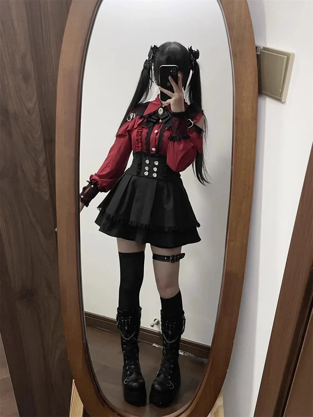 Dark Sweet Heart Ground Type Lolita Set, Ruffle Sleeve Top & A-line Skirt, Cute Kawaii Japanese Style Gothic Coord Outfit S-XL Bazaare Mart