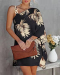 Women's One-Shoulder Floral Mini Dress | Elegant Asymmetrical Summer Dress BH2201Coconut leaves Bazaare Mart Asymmetric Shoulder Mini Dress