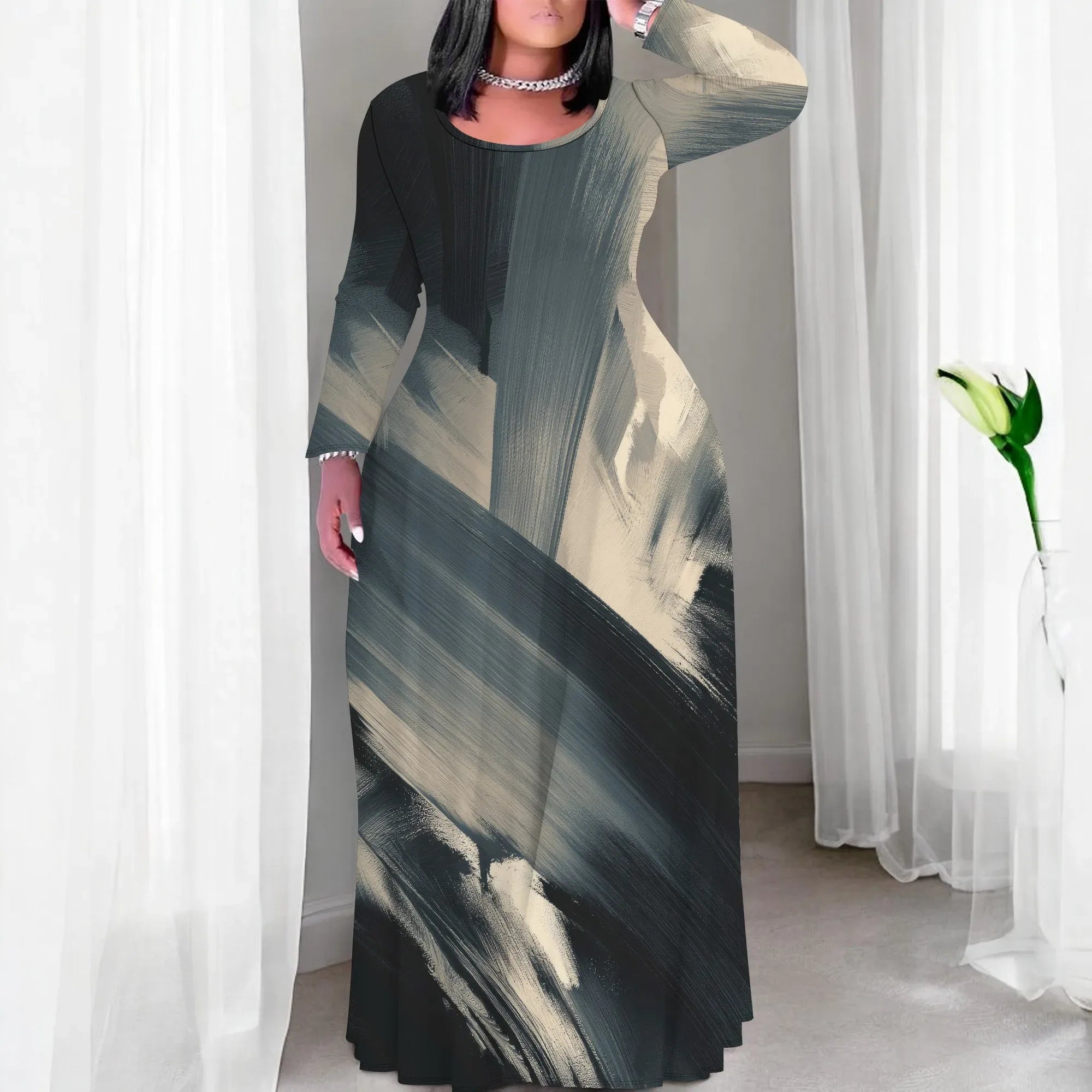 Tie Dye Print Scoop Neck Long Sleeve Maxi Dress Bazaare Mart Tie Dye Print Scoop Neck Long Sleeve Maxi Dress