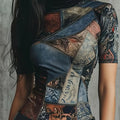 Abstract Patchwork Mock Neck Stretch Top