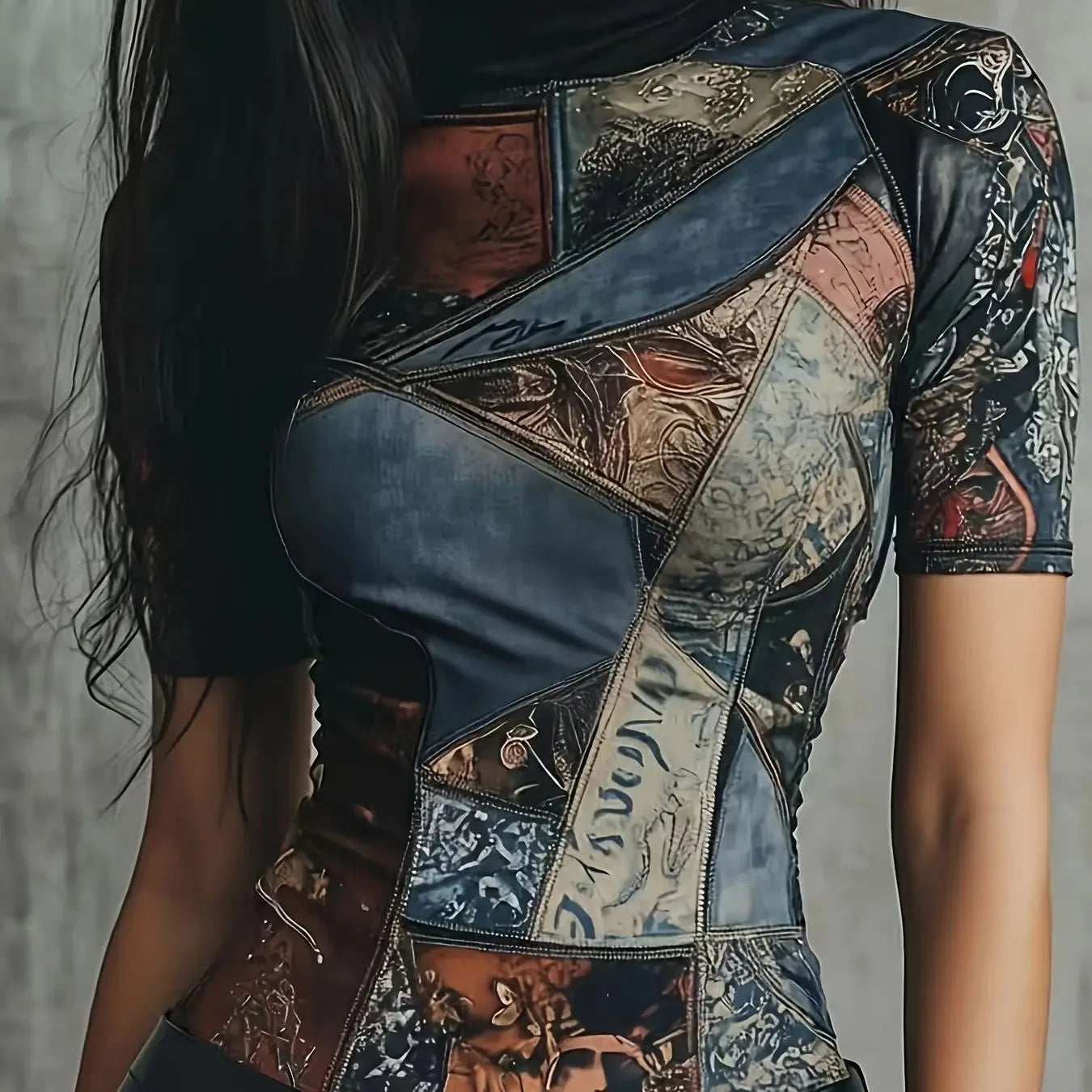 Abstract Patchwork Mock Neck Stretch Top
