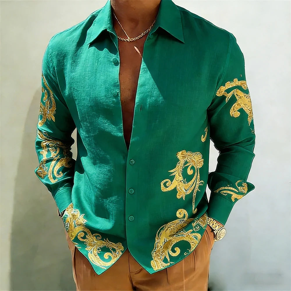 Men's Gold Baroque Print Button-Up Shirt – Long Sleeve Statement Shirt