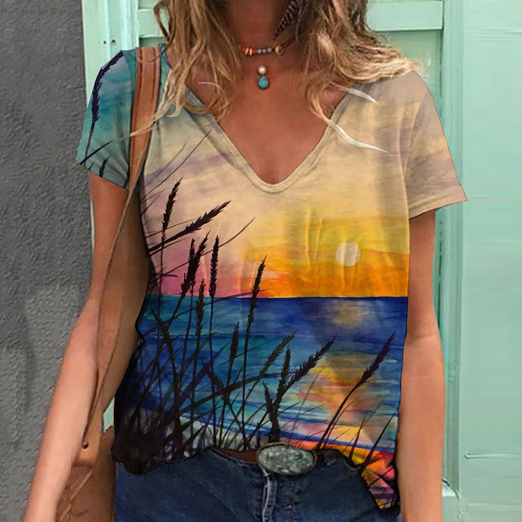 Floral Print V-Neck T-Shirts Bazaare Mart Floral V-Neck Tee