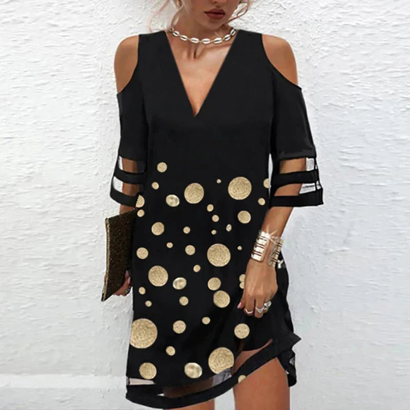 Summer Cold-Shoulder V Neck Stripe Mesh Sleeve Dress Bazaare Mart Black V-Neck Dress