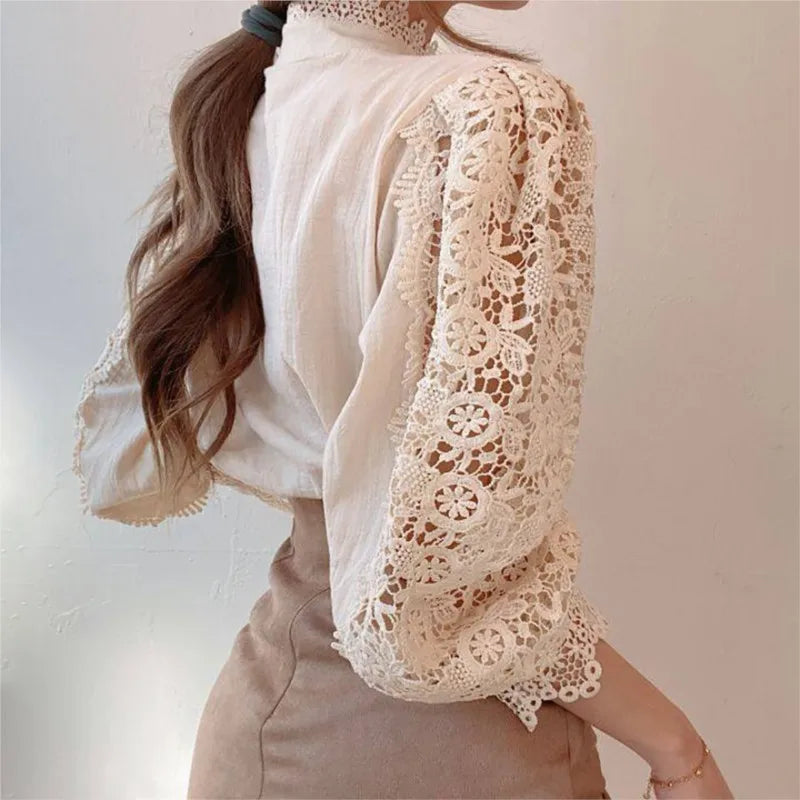 Vintage Lace Long Sleeve Pearl Button Blouse
