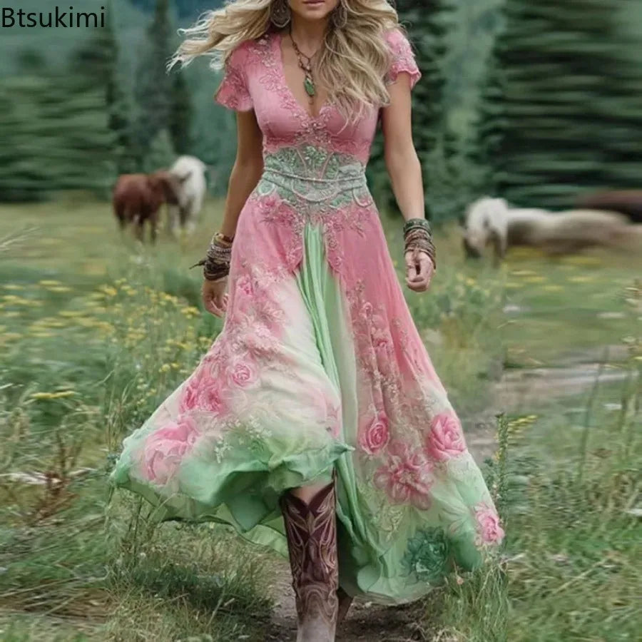 Vintage Rose Embroidered Maxi Dresses