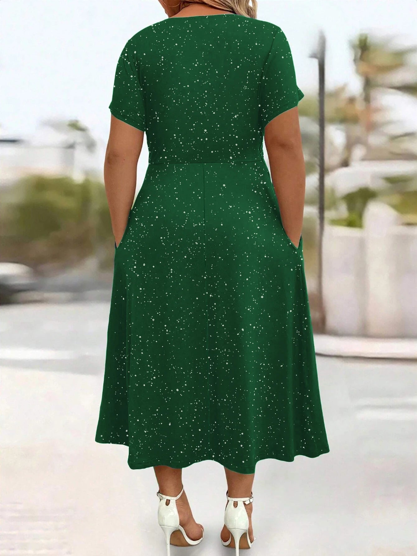 Powder Sprinkled Twisted Knot with Pockets V-neck Dress Bazaare Mart Plus Size Short Sleeve Midi Dress