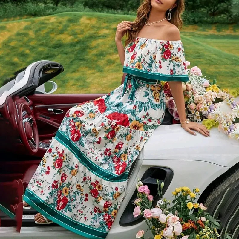 Off-shoulder Long Ruffled Peasant Dress