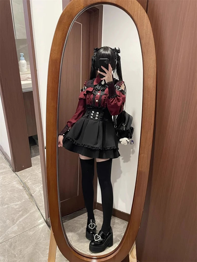 Jirai kei Shirt JK Skirt Japanese Style Lolita Y2K Sweet School Uniform Blouse Top Dress Darkness Outfit Women Girls Theme Party Bazaare Mart