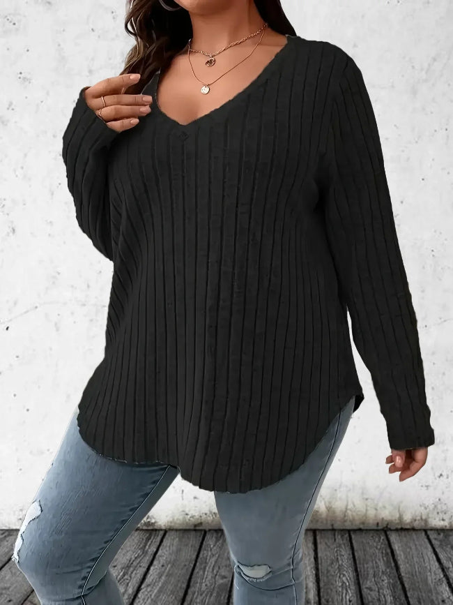 V-Neck Long Sleeve Ribbed Knit Top
