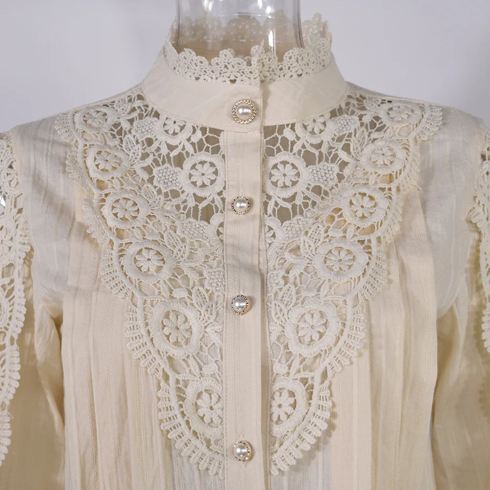 Vintage Lace Long Sleeve Pearl Button Blouse