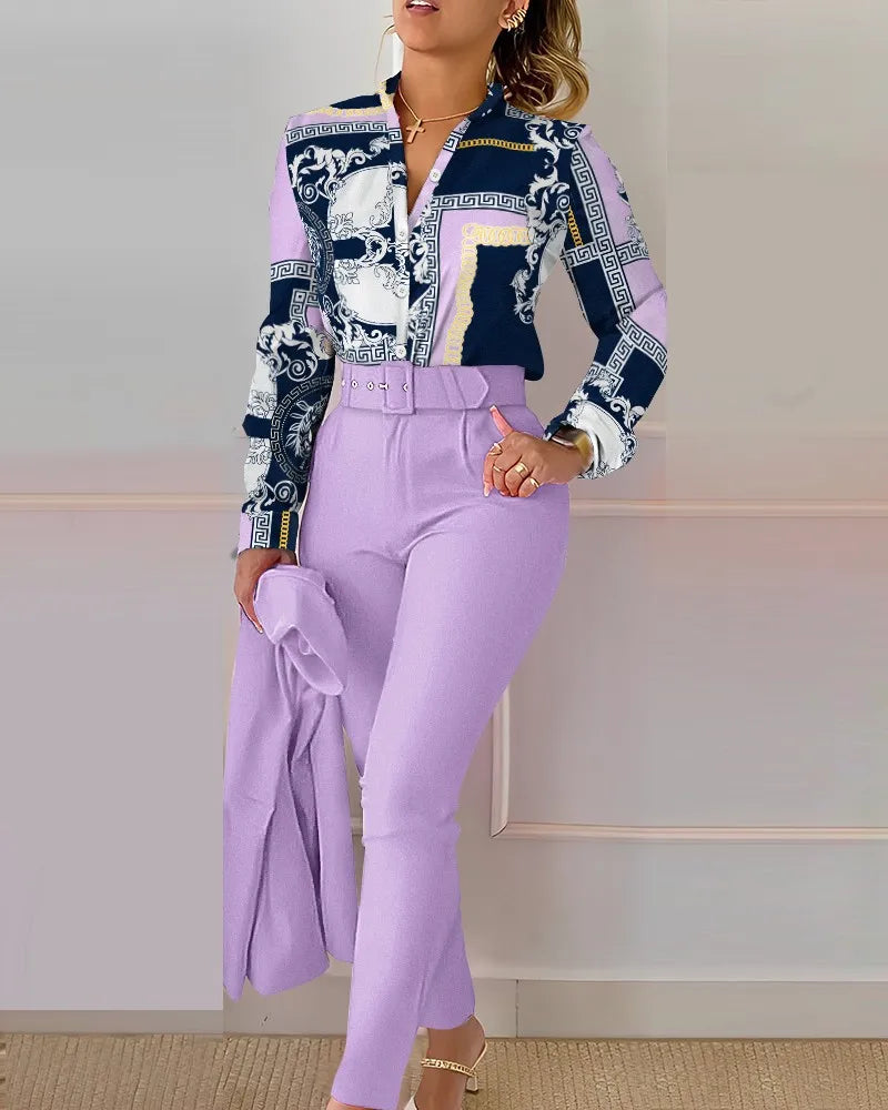 Print Long Sleeve Shirt Matching Pants Sets With Belt
